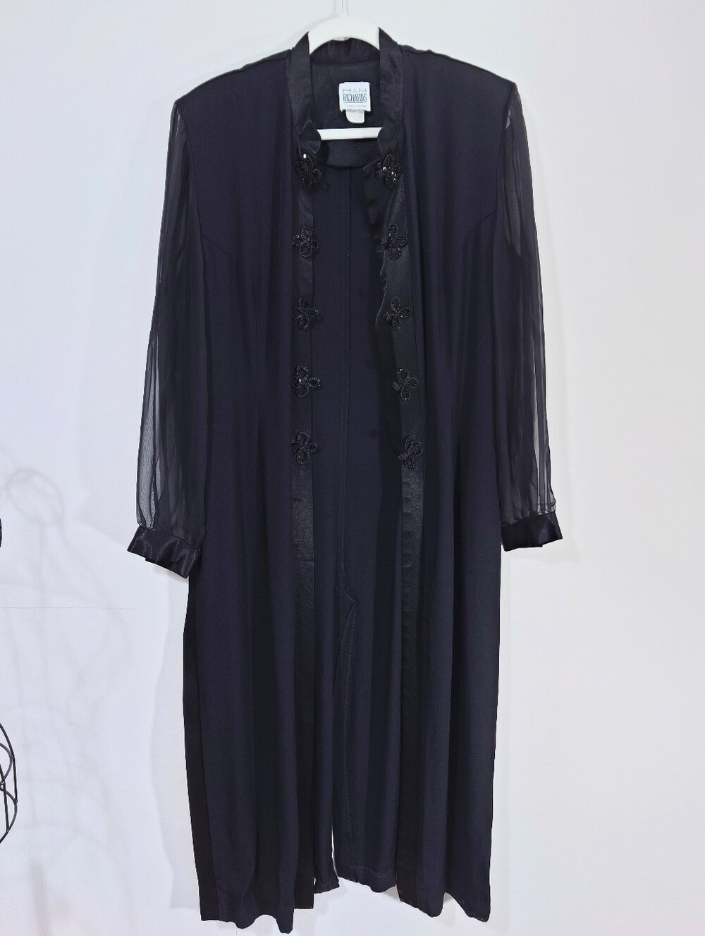 Vintage R&M Richards Karen Kwong Black Beaded Duster Jacket Size 18
